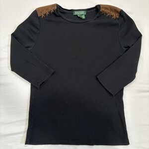 Lauren Ralph Lauren Women's "Suede" Trim Black Top Size Petite L Equestrian Barn